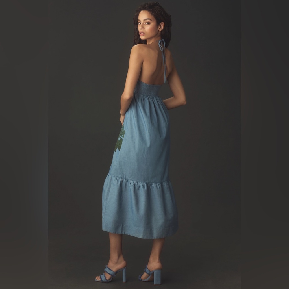 Anthropologie Pilcro Halter Embroidered Denim Midi Dress - Picture 2 of 11